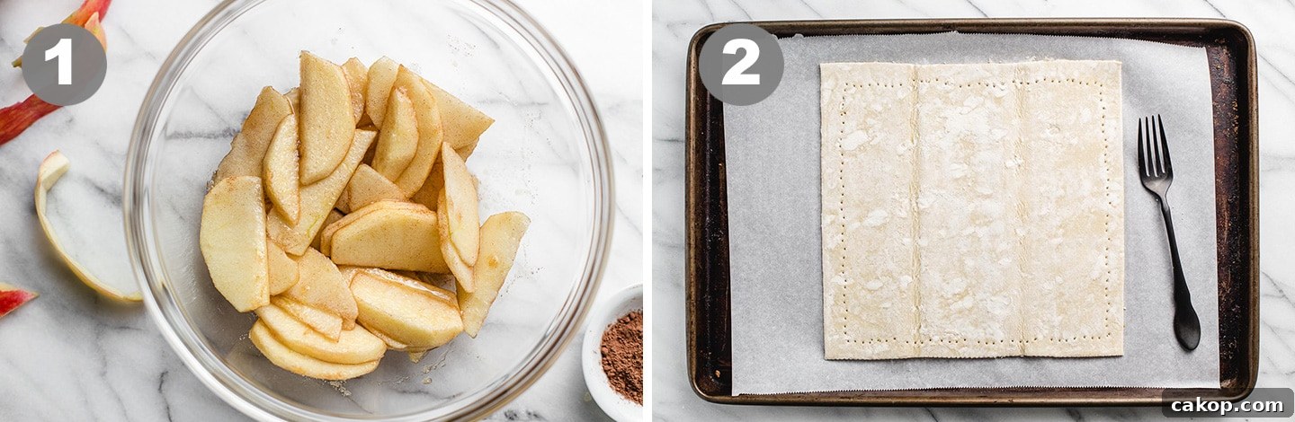 How to Make a Rustic Apple Tart: Flaky Crust & Cinnamon Apples 4 Peeled apples in a bowl and puff pastry on a baking sheet.