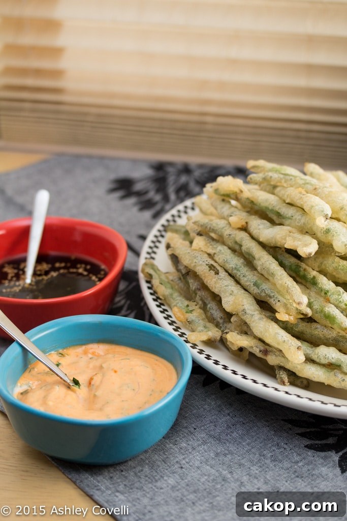 Tempura Green Beans with Sriracha Aioli + Soy Ginger Dipping Sauces