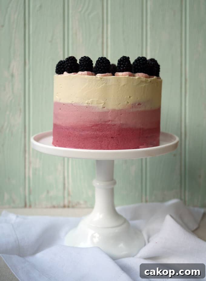Blackberry and Elderflower Pimms Layer Cake Recipe 3 Blackberry and Elderflower Pimms Layer Cake on Milk Glass Cake Stand