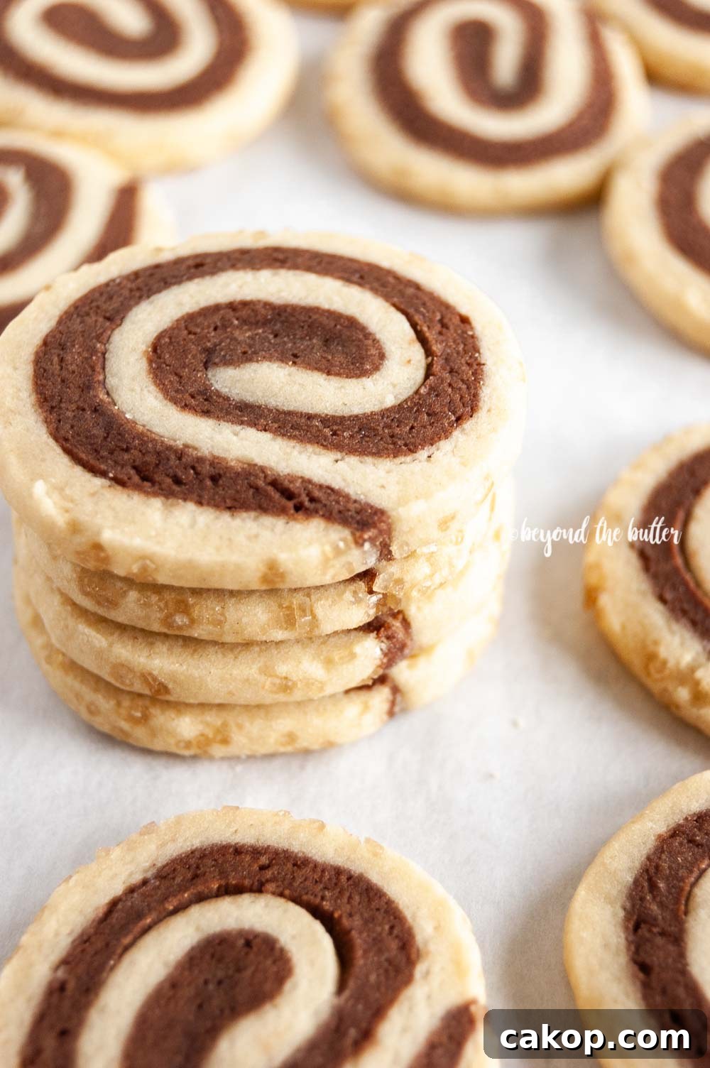 Chocolate Pinwheel Cookies Recipe — Swirled Cocoa Butter Cookies 3 Close up image of small stack of Chocolate Pinwheel Cookies | All images © Beyond the Butter™