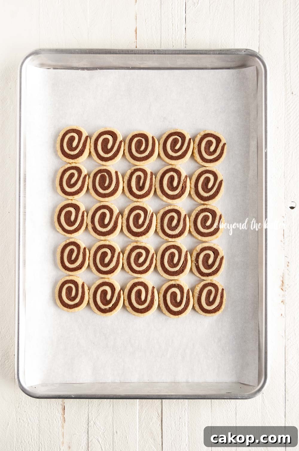 Chocolate Pinwheel Cookies Recipe — Swirled Cocoa Butter Cookies 6 Overhead image of Chocolate Pinwheel Cookies in rows on a baking sheet | All images © Beyond the Butter™