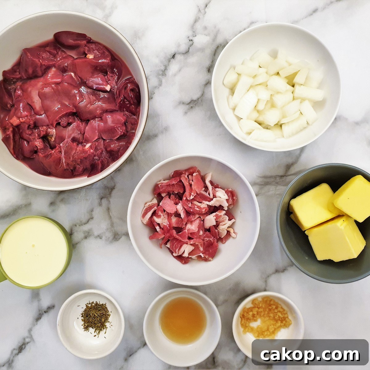Ingredients for chicken liver pate.