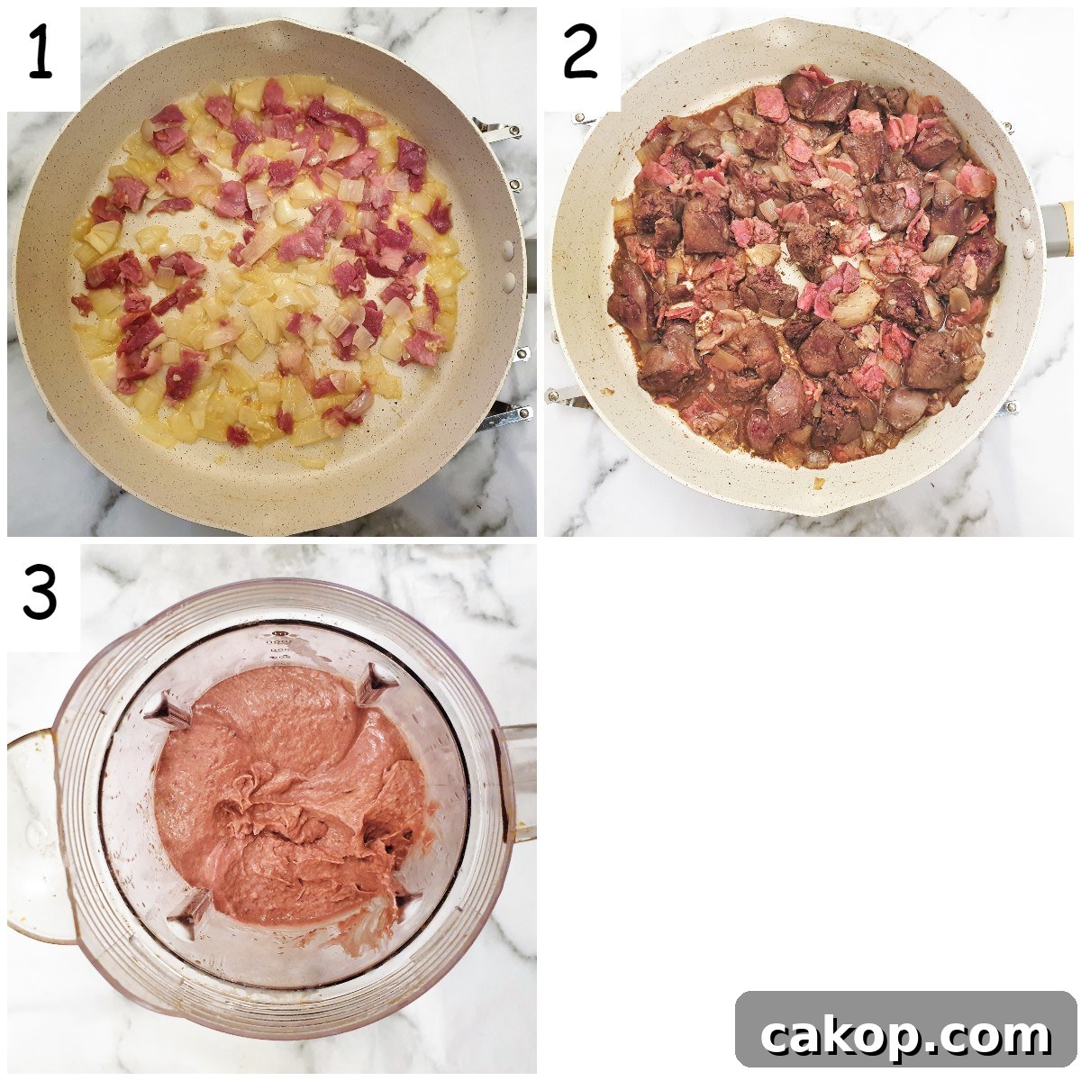 Steps for frying the onions and chicken livers.