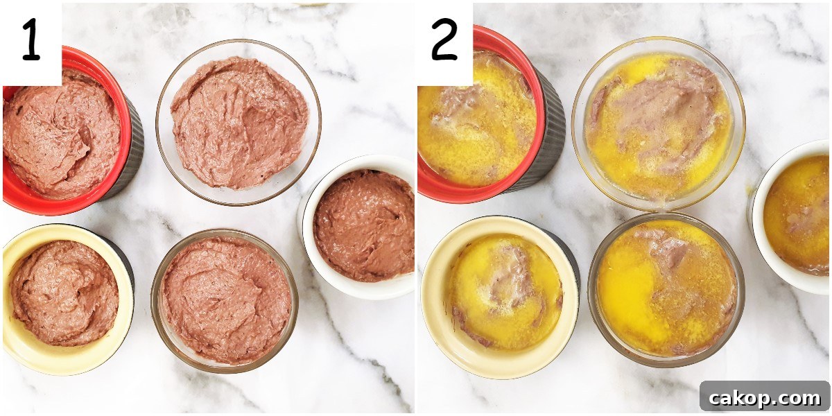 5 ramekins of pate before and after covering with a layer of butter.