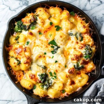 Broccoli Gnocchi in a skillet baked with cheese.