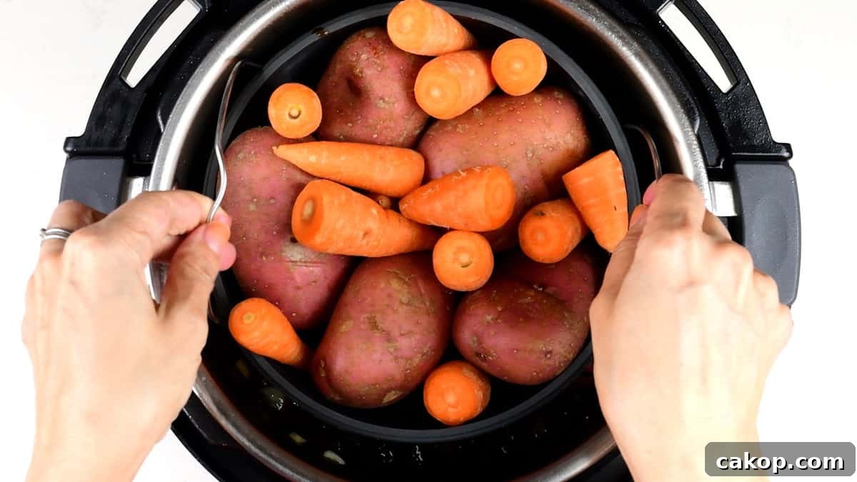 Instant Pot Beef Brisket with Garlic Smashed Potatoes 7 adding potatoes and carrots in a steamer into pressure cooker