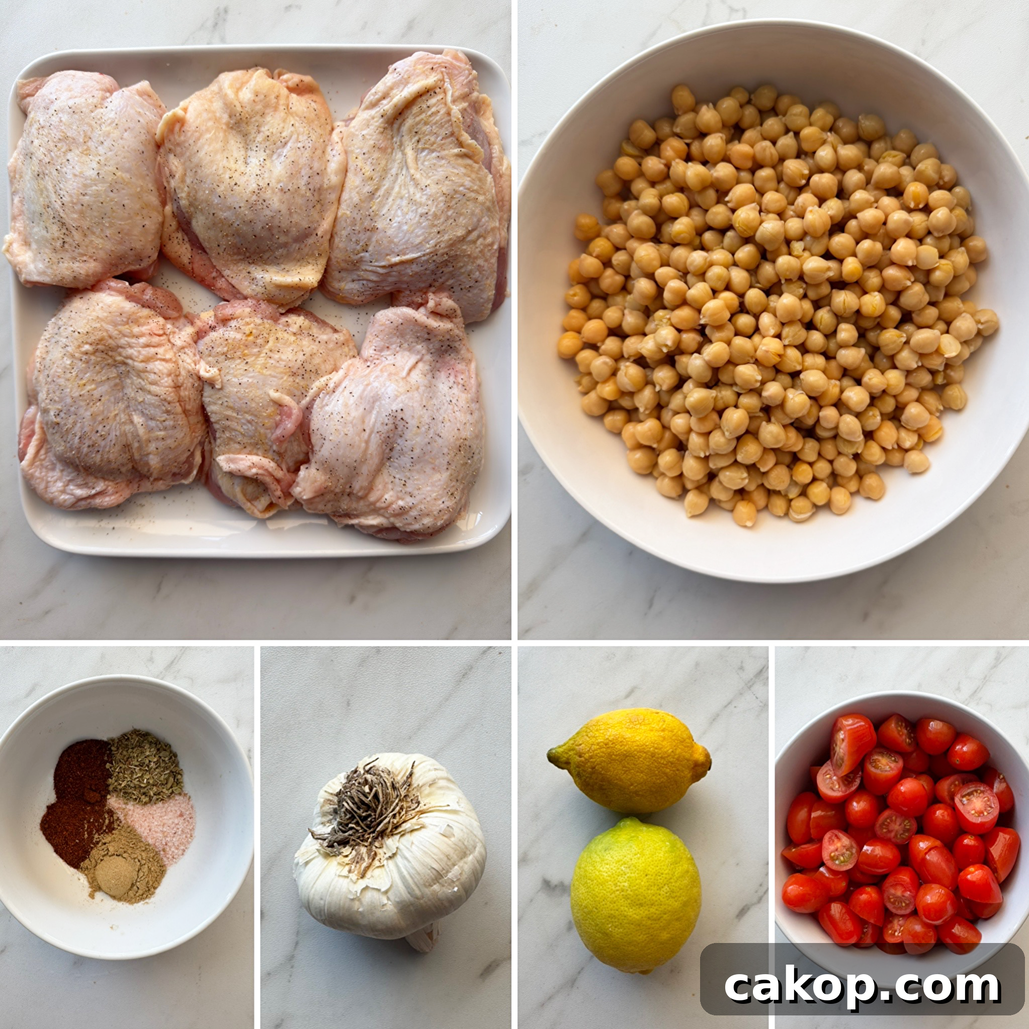 Slow Cooker Chicken with Chickpeas and Tomatoes Recipe 3 collage of ingredients for crockpot chicken chickpeas