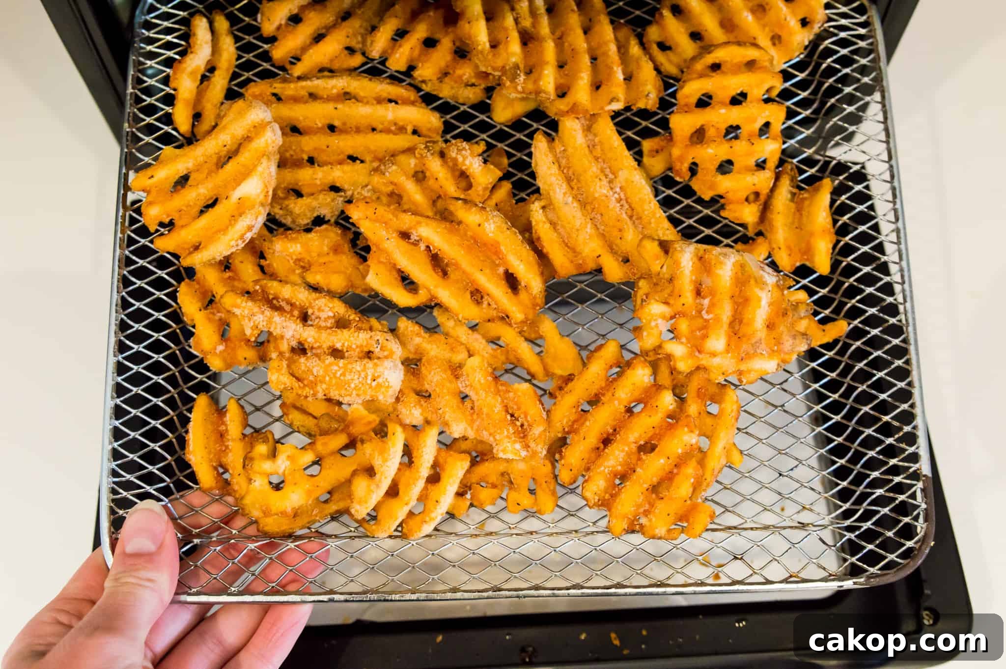 Crispy Air Fryer Frozen Waffle Fries in Minutes 2 Frozen waffle fries on an air fryer tray.
