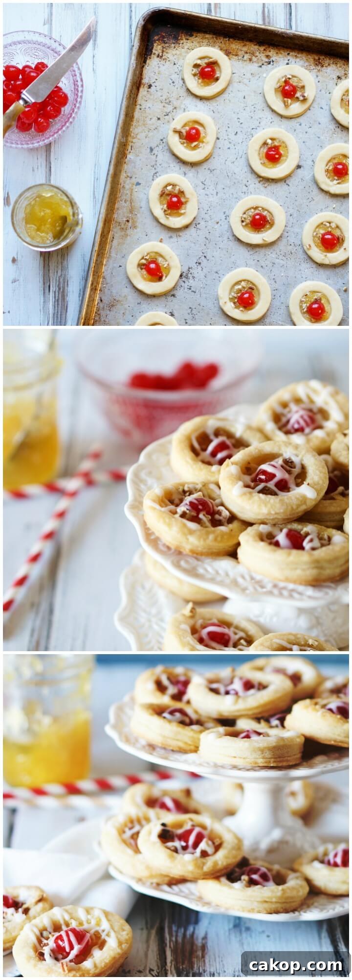 Crispy Pineapple Cookies Recipe with Tropical Glaze 2 Pineapple Cookies, light flaky pastry rounds with juicy pineapple filling, topped with maraschino cherries, pecans, and powdered sugar glaze.
