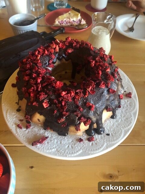 cake with glaze and freeze-dried strawberries