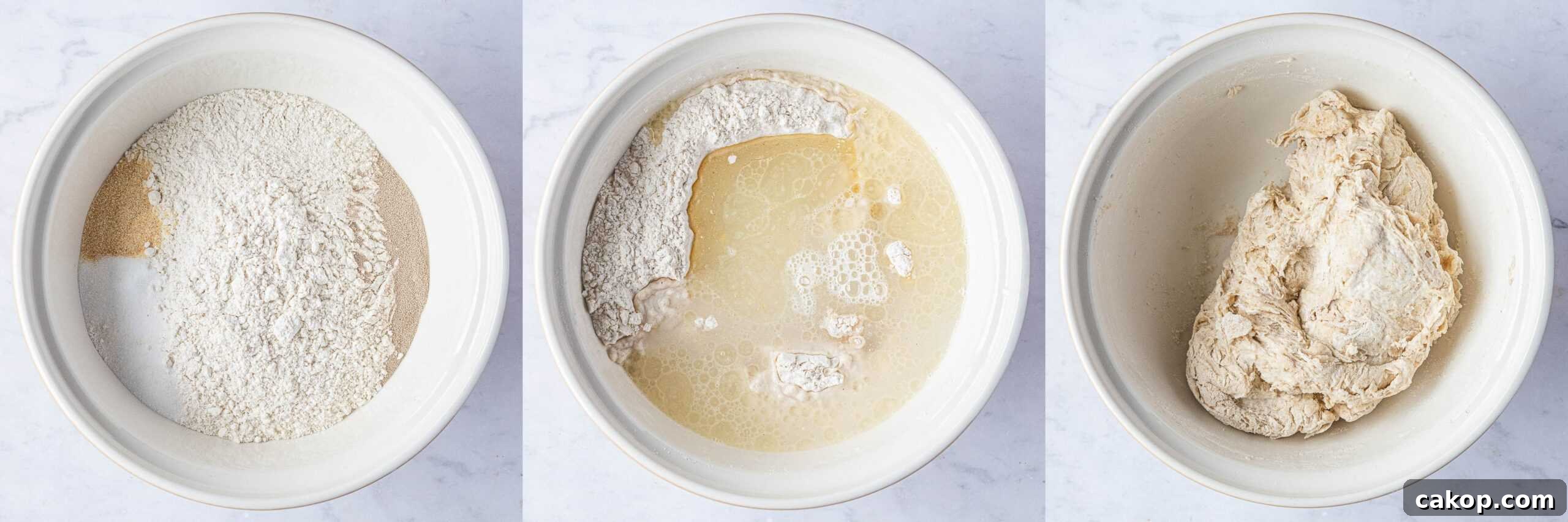 Step 1, a three image collage of making the dough.