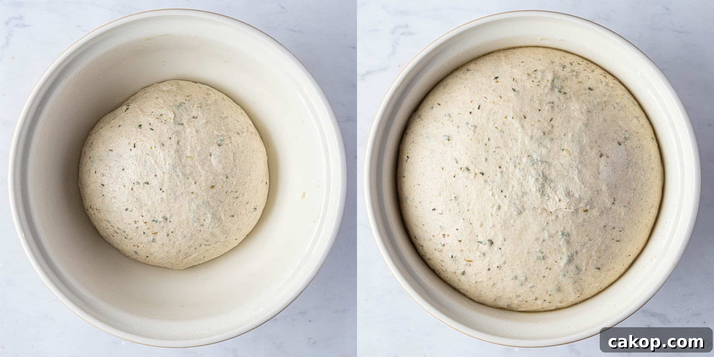 Step 3, a twoimage collage of the dough before and after rising.