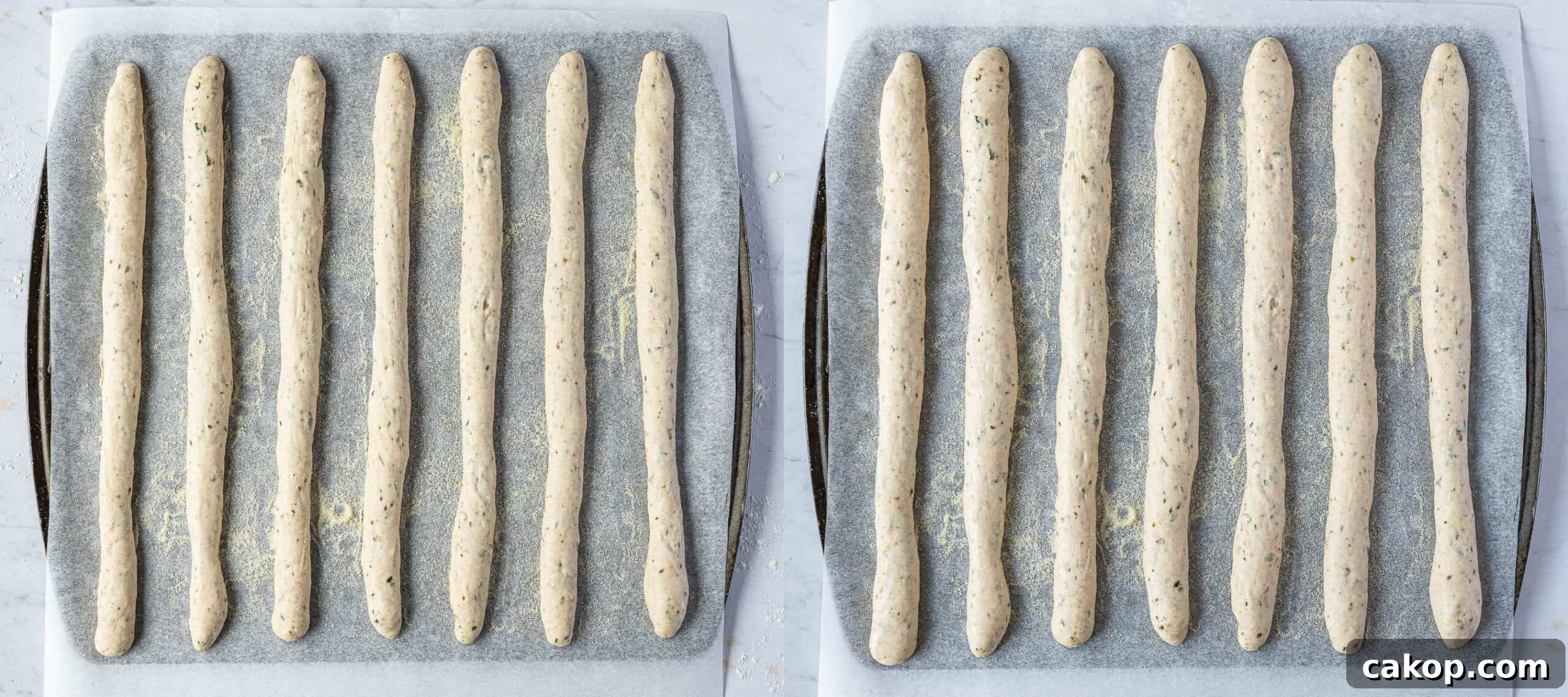 Step 5, the breadsticks before and after rising.