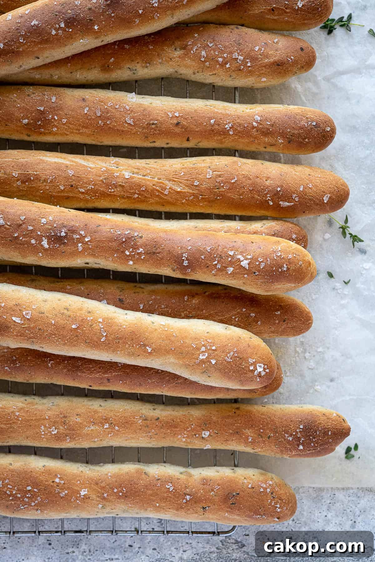 Close up of herby vegan breadsticks.