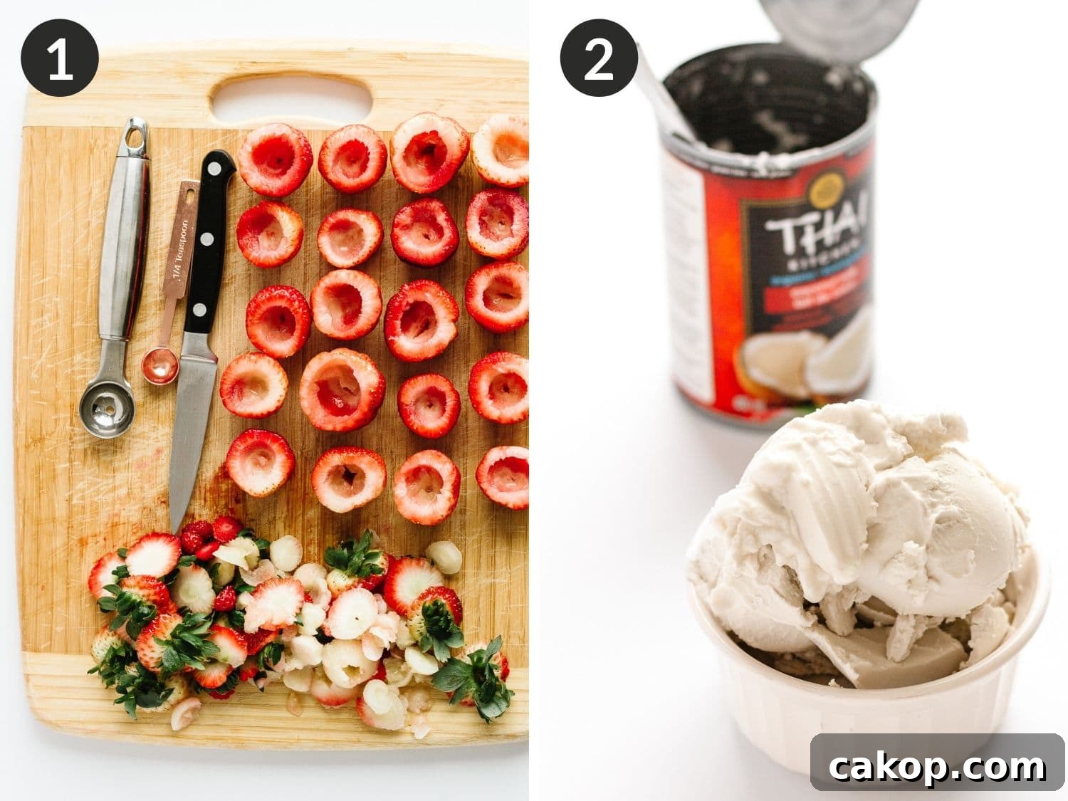 Collage showing first two process shots - hollowing out strawberries and scooping hardened coconut cream from the can.