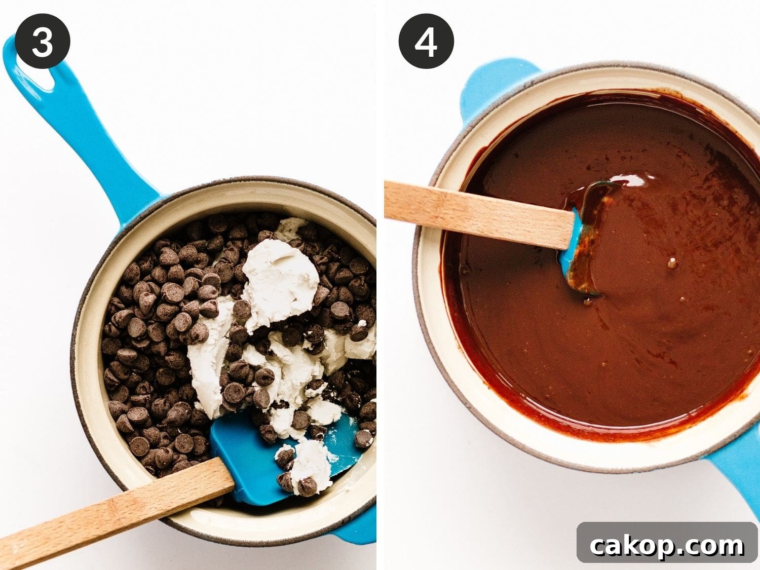 Collage showing 3rd and 4th process shots - combining chocolate chips and coconut cream in a pot and finished chocolate filling.