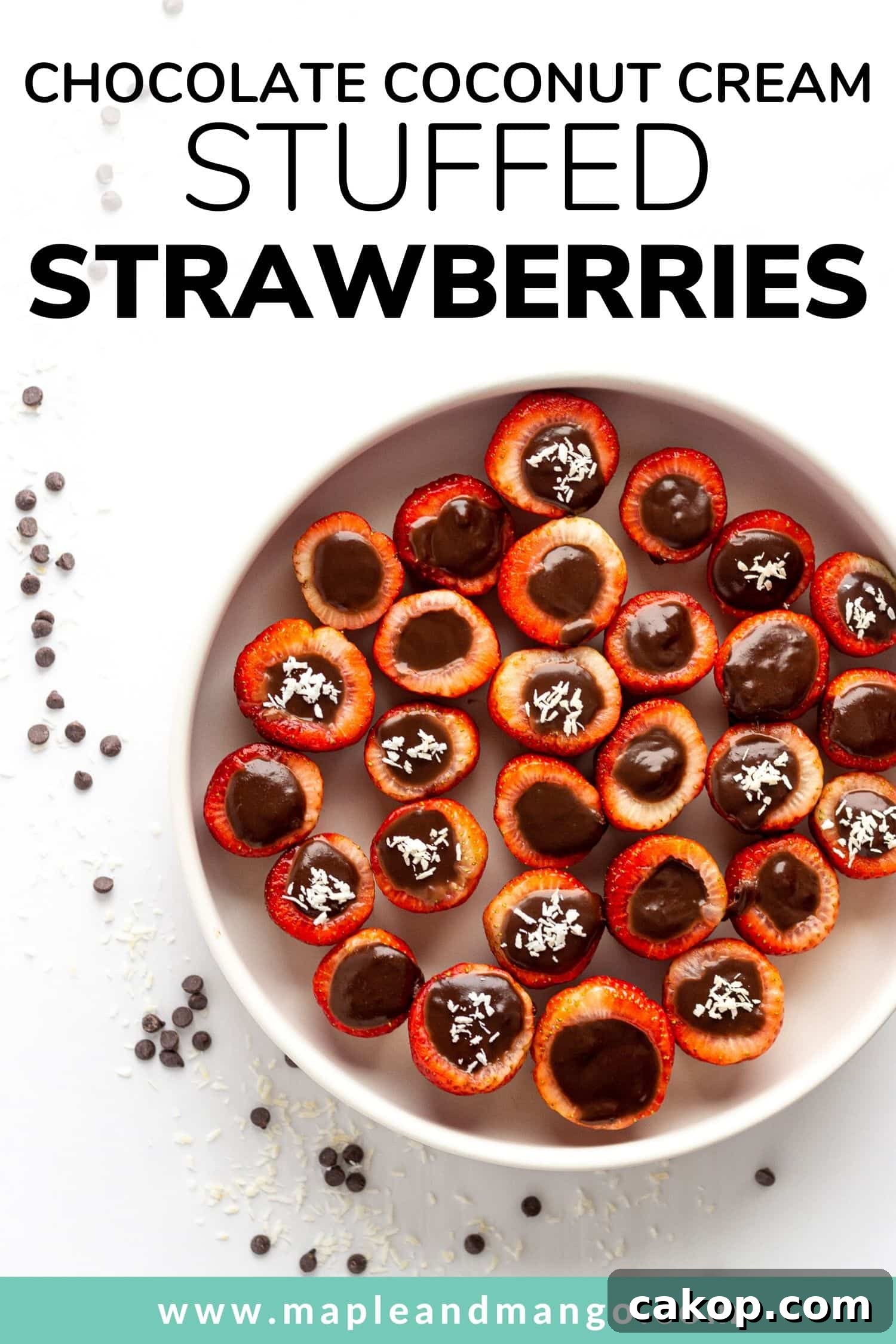 Pinterest image for chocolate coconut cream stuffed strawberries recipe
