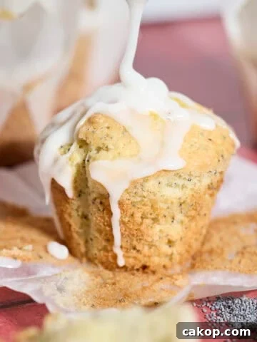 Sourdough Lemon Poppy Seed Muffins drizzled with glaze.