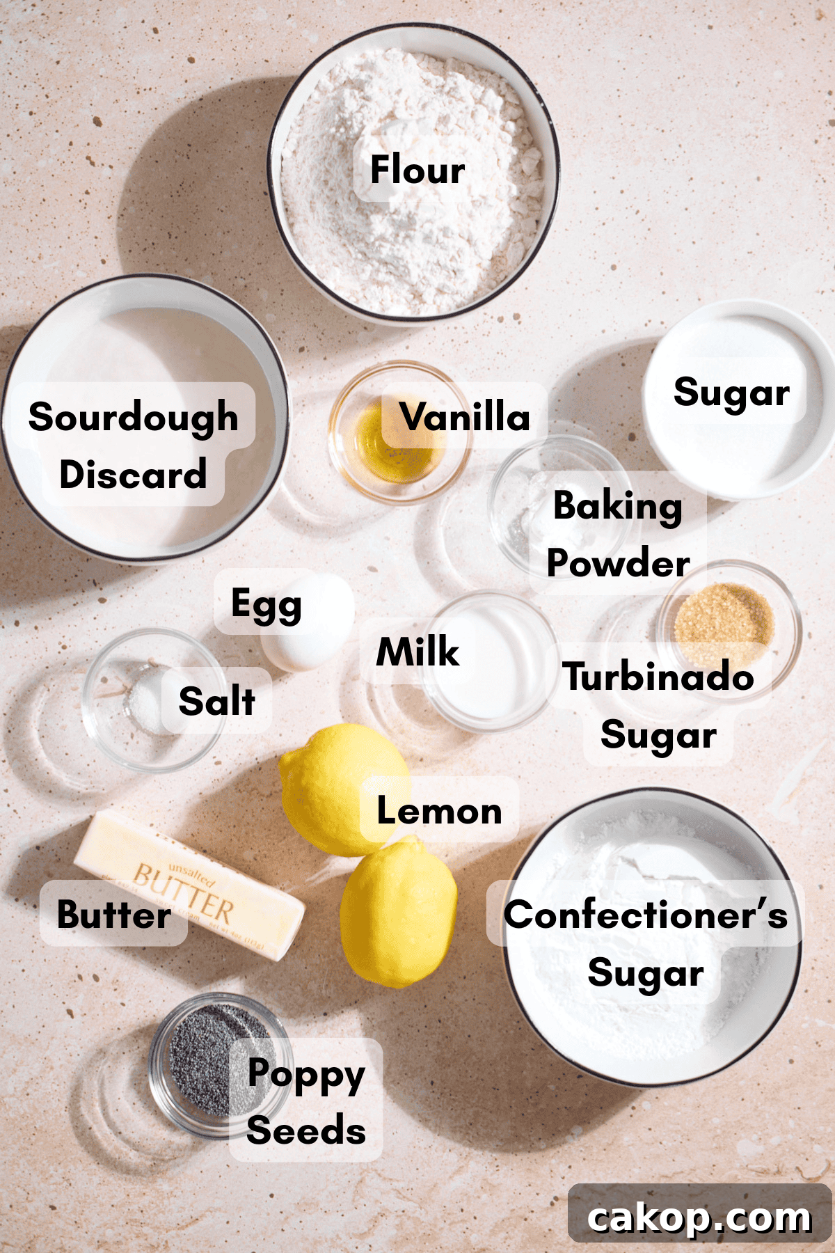 Sourdough Lemon Poppy Seed Scones Recipe for Tender, Tangy Bakes 3 Ingredients for Sourdough Lemon Poppy Seed Scones in small bowls.