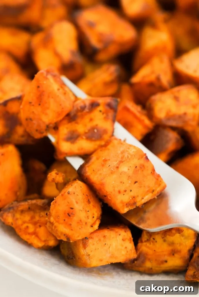 cooked sweet potato cubes with seasonings made in the air fryer