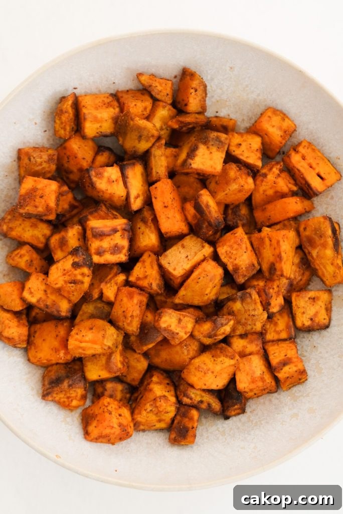 bowl of air fried sweet potato cubes