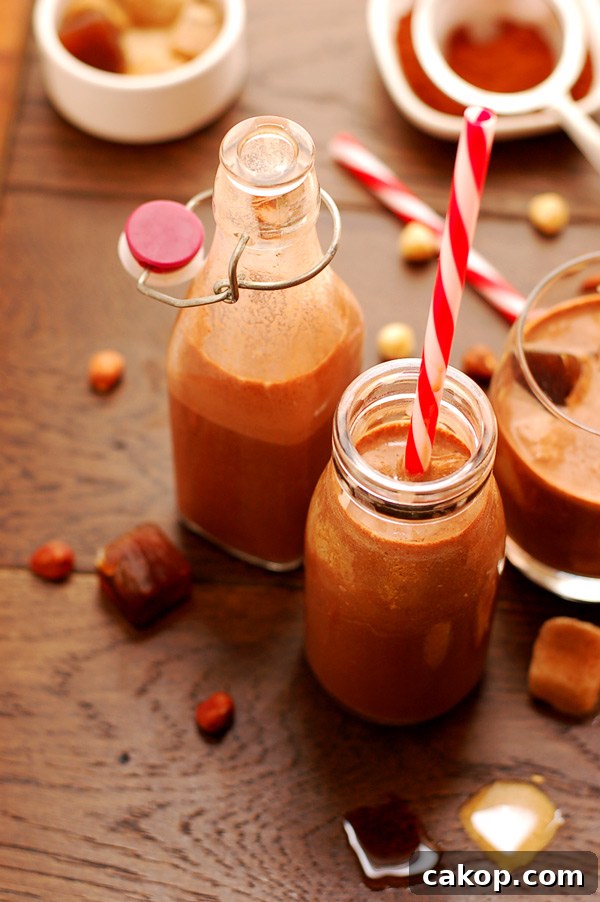 Chocolate Hazelnut Milk served with creamy coffee ice cubes.