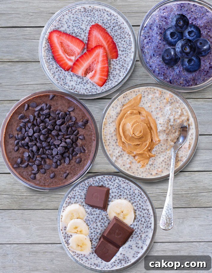 Chia Pudding Recipes - chocolate, vanilla, blueberry, banana, and peanut butter