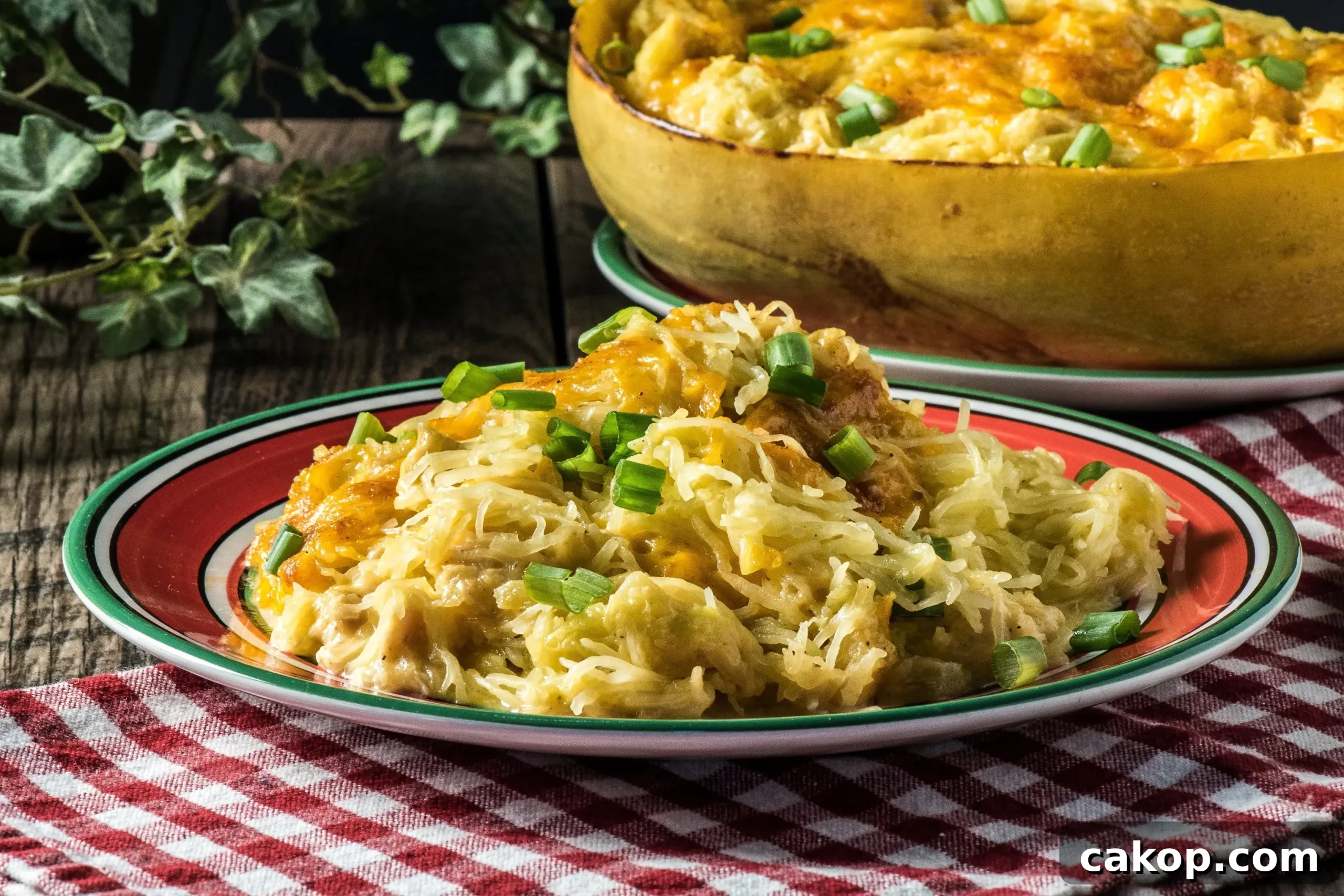 Plated cheesy spaghetti squash with chicken