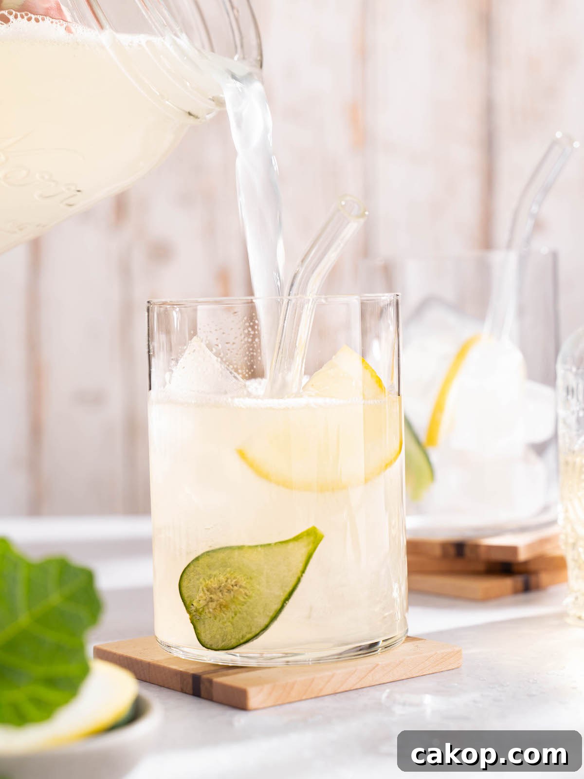 Pouring lemonade into a glass of ice