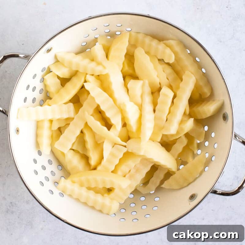 Homemade chips in a colander.