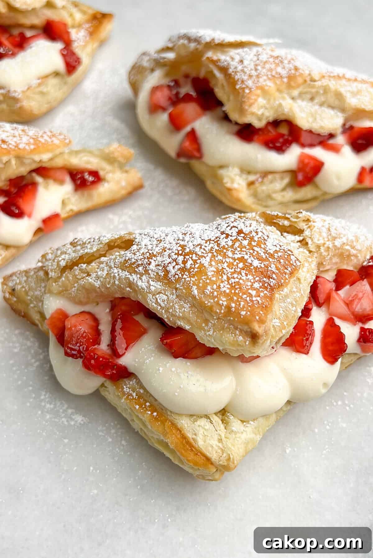 Strawberry Cheesecake Turnover Recipe — Flaky Pastry with Creamy Filling 2 cheesecake and strawberry filled pastries on the counter