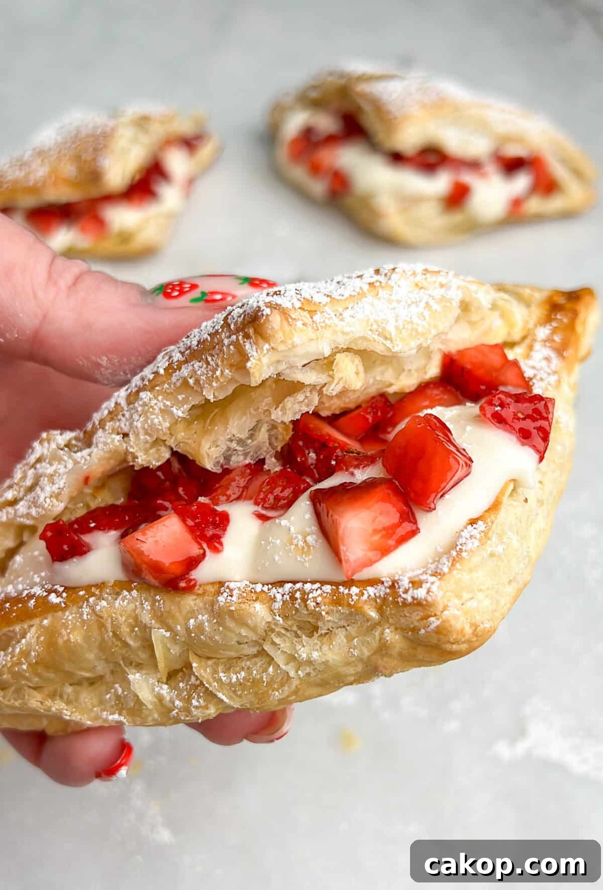 Strawberry Cheesecake Turnover Recipe — Flaky Pastry with Creamy Filling 3 strawberry cheesecake pastry being held in hand