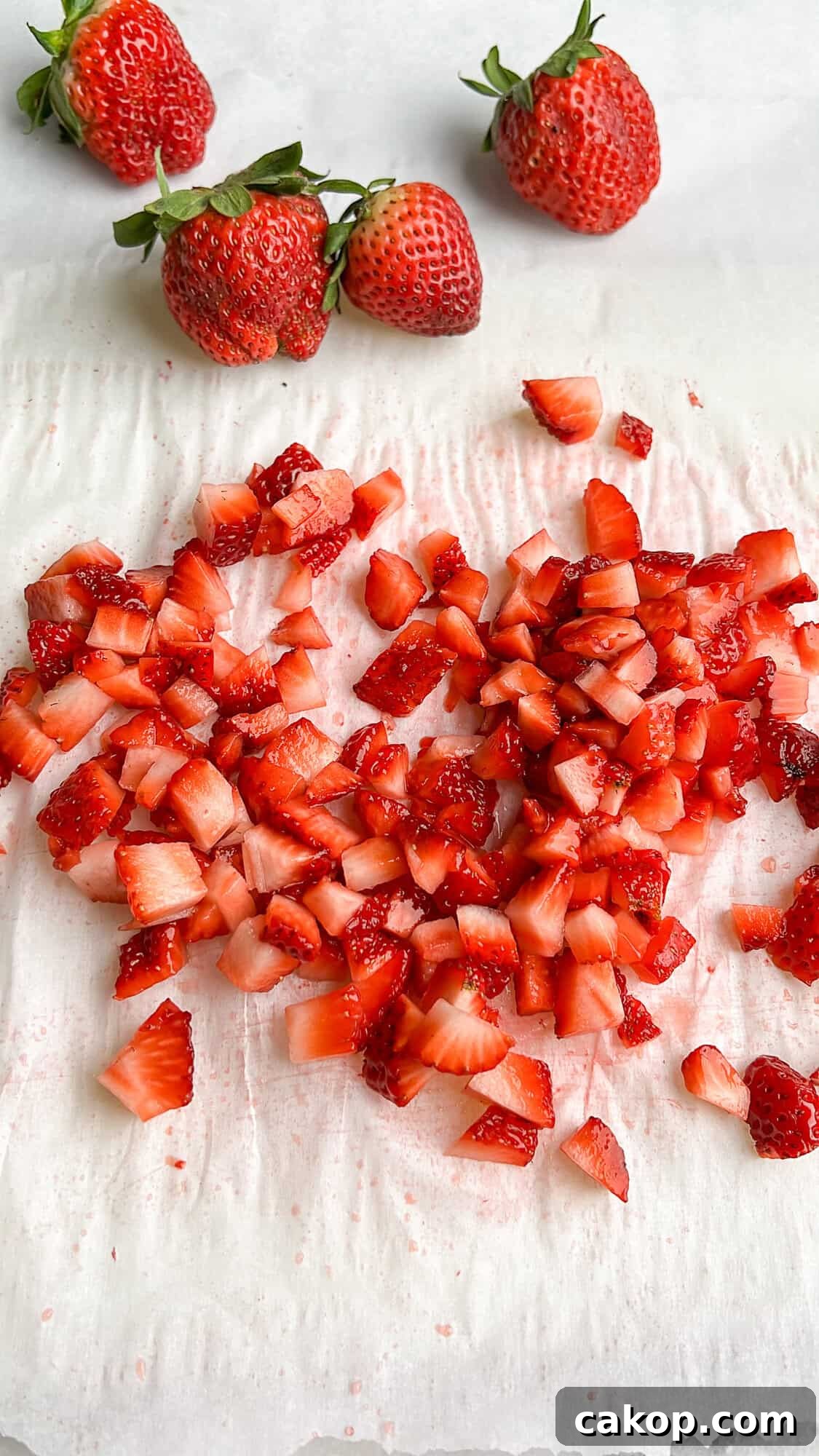 Strawberry Cheesecake Turnover Recipe — Flaky Pastry with Creamy Filling 6 diced strawberries on a cutting board