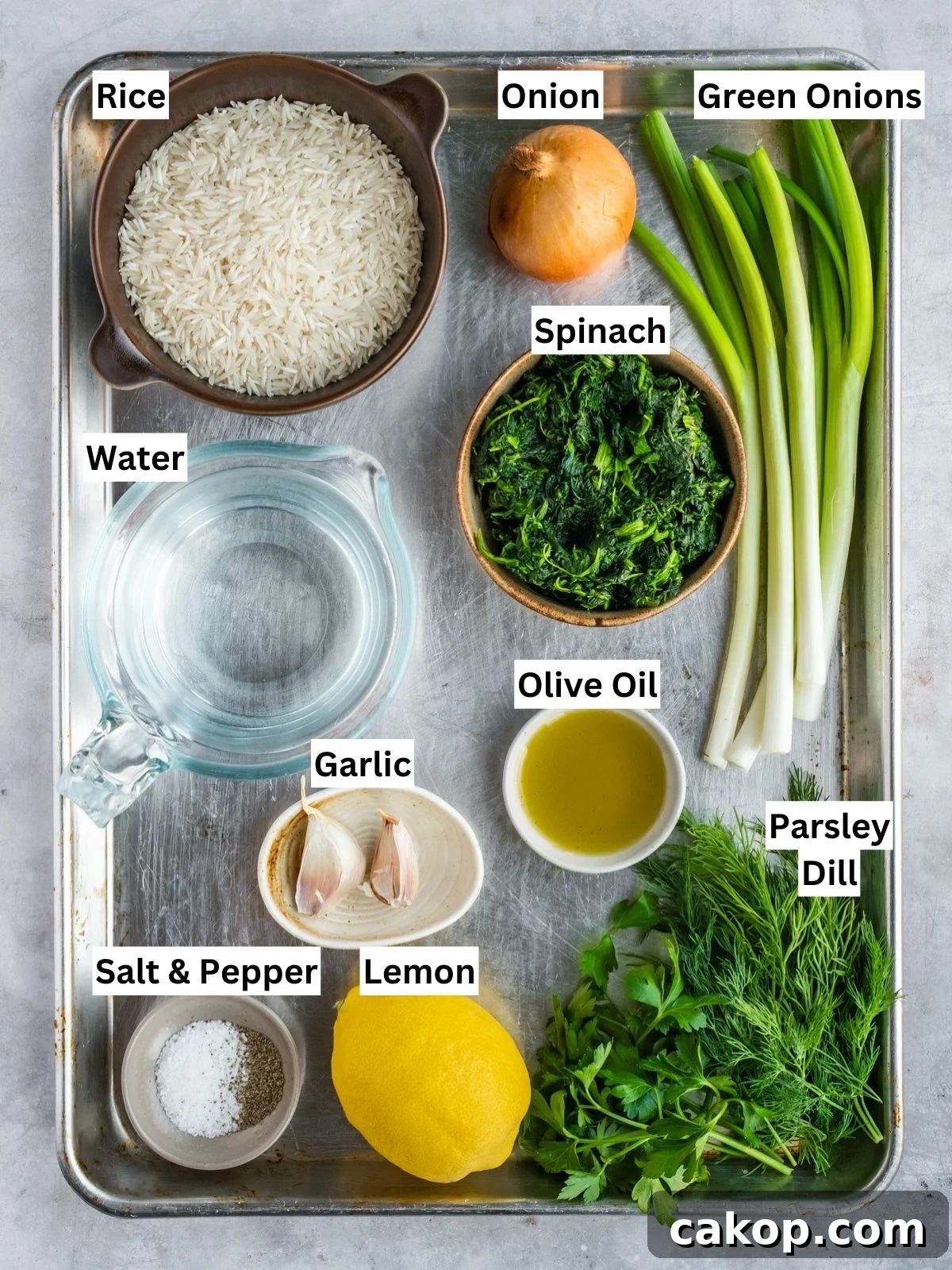 Spanakorizo Greek Spinach Rice recipe ingredients with individual labels on a metal tray.