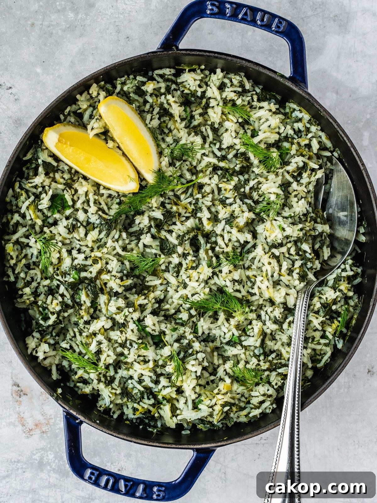 Spanakorizo Greek Rice with spinach in a large pot, garnished with lemon wedges and extra fresh dill.