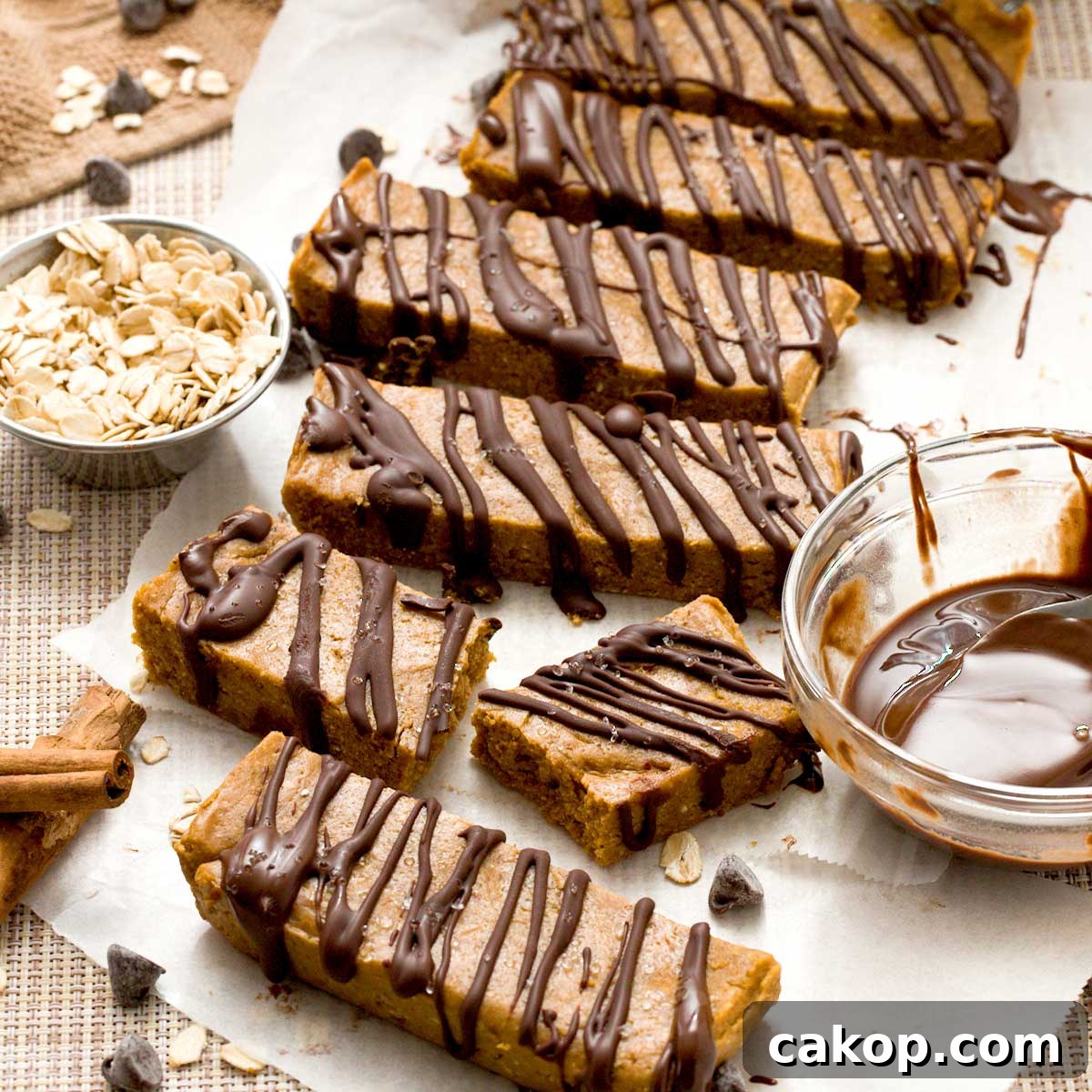 Creamy Sweet Potato Chocolate Pudding with Cottage Cheese 11 Gluten-free chocolate pumpkin protein bars with chocolate drizzle on top and oat flour.