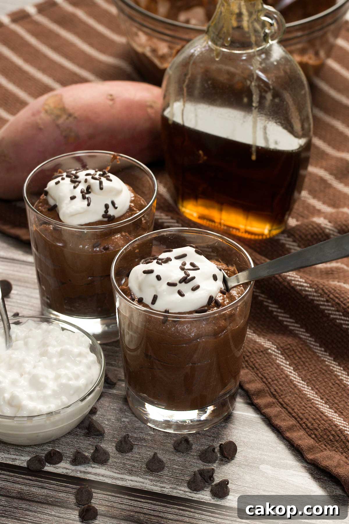 Creamy Sweet Potato Chocolate Pudding with Cottage Cheese 3 Two glasses full of sweet potato chocolate pudding with cottage cheese.