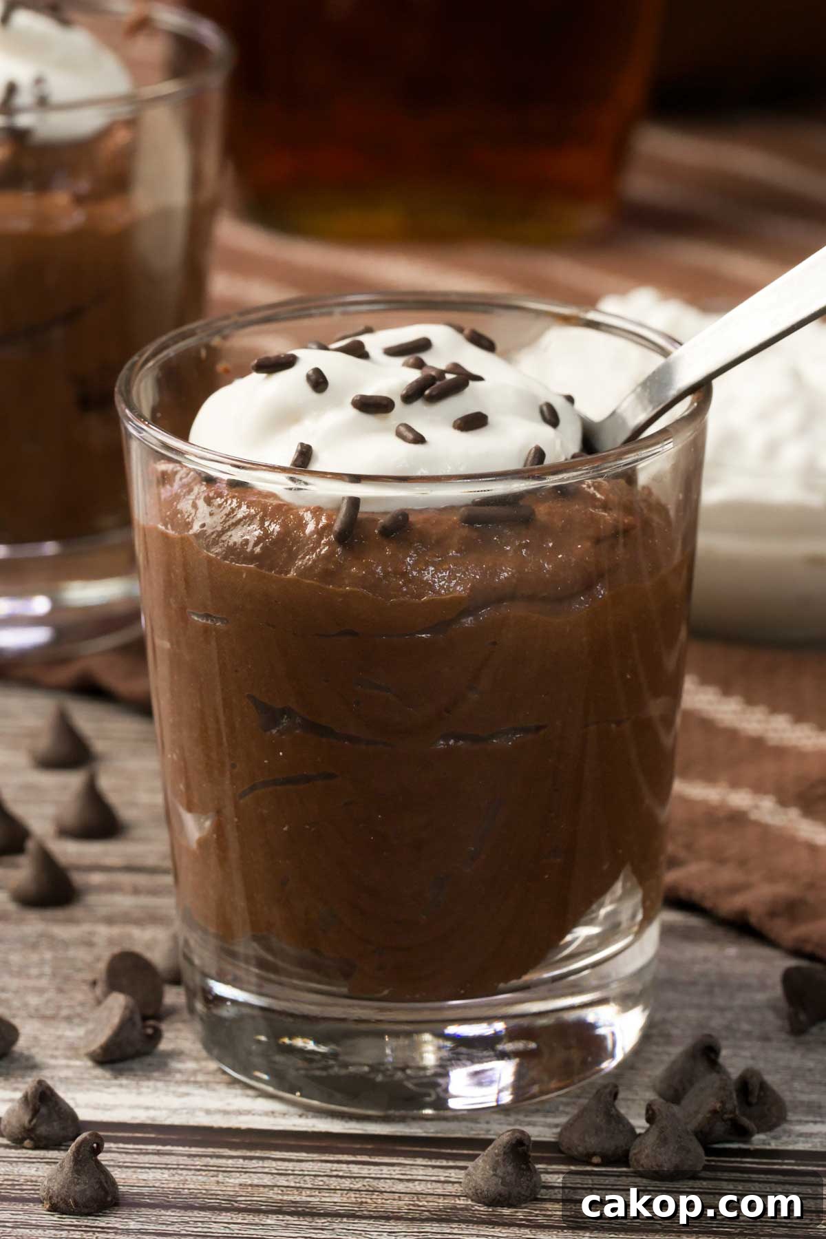Creamy Sweet Potato Chocolate Pudding with Cottage Cheese 4 Glasses of sweet potato chocolate pudding with whipped cream and sprinkles on top.