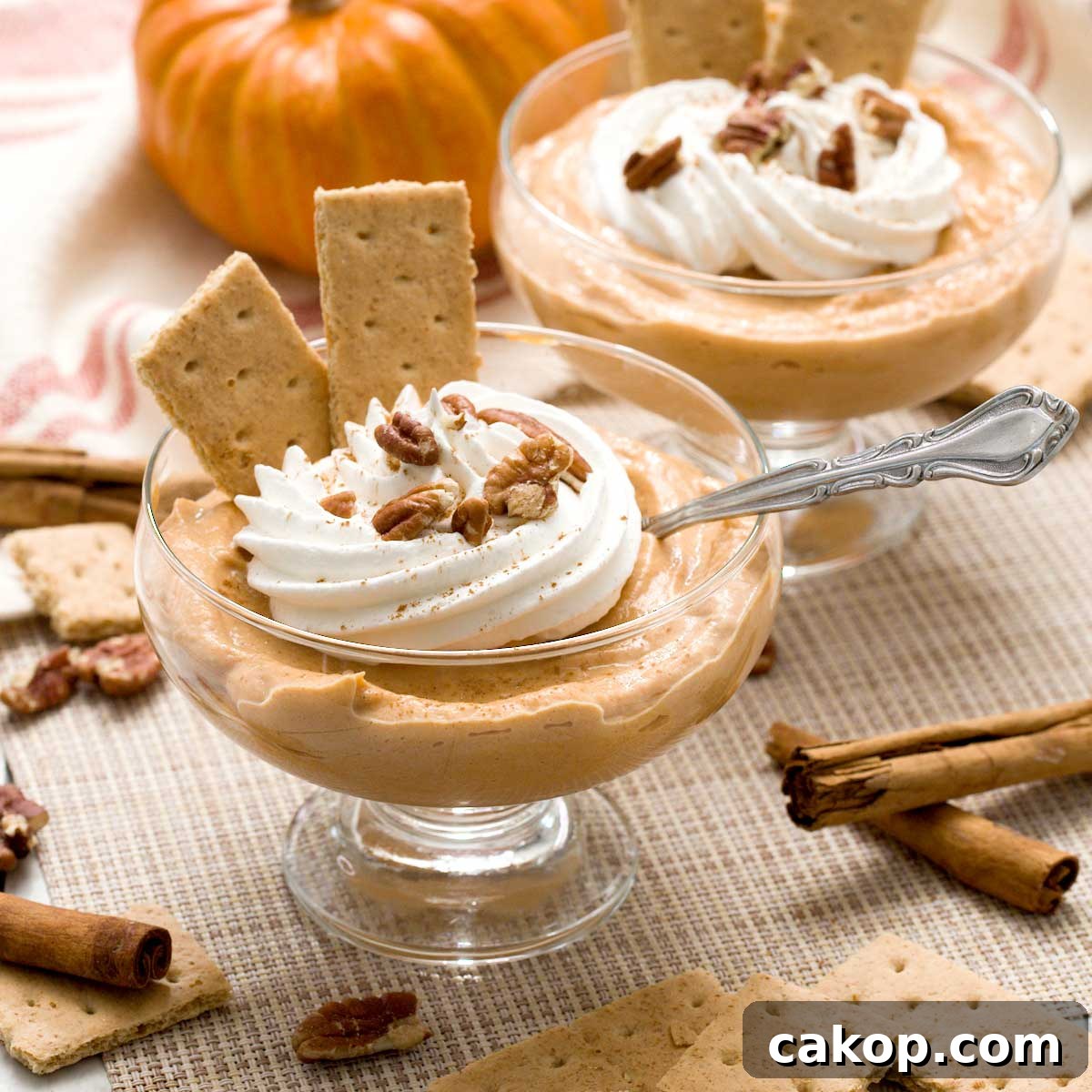 Creamy Sweet Potato Chocolate Pudding with Cottage Cheese 10 Two bowls of protein pumpkin pudding with cottage cheese and whipped cream on top.