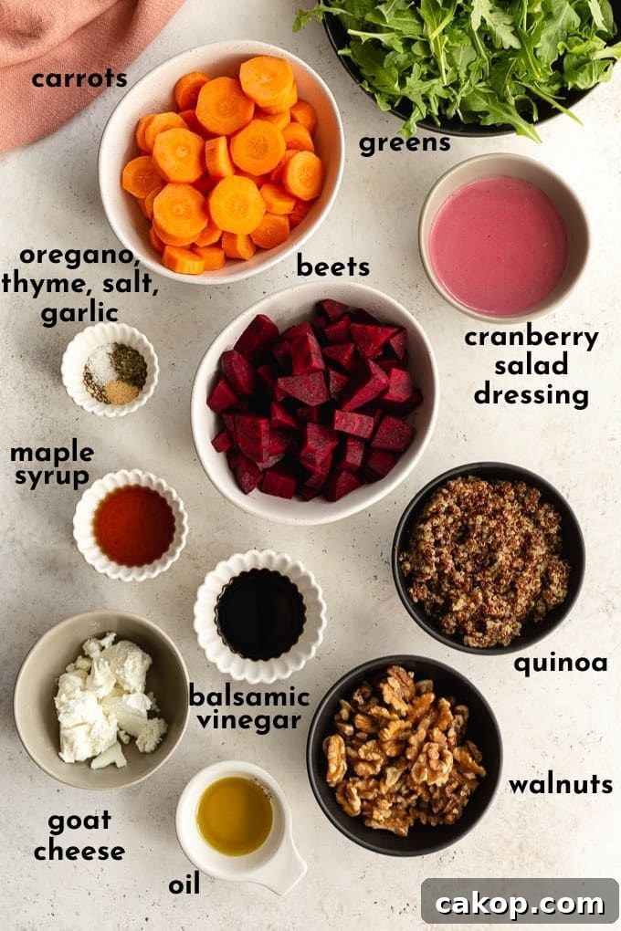 Ingredients to make beet and carrot salad arranged individually and labelled.