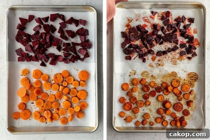 Collage of two images showing how to roast beets and carrots.
