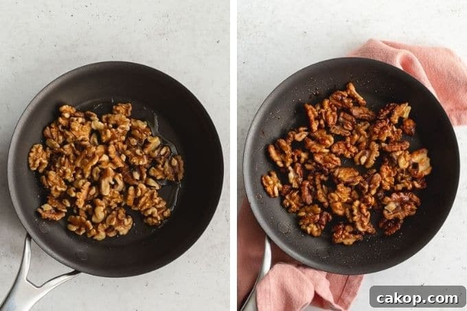 Collage of two images showing how to candy walnuts.