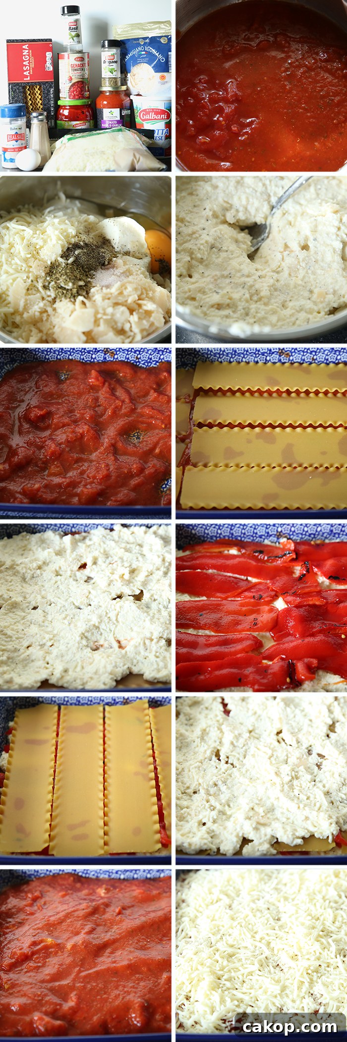 12-photo picture collage of step-by-step photos of how to make Roasted Red Pepper Lasagna.