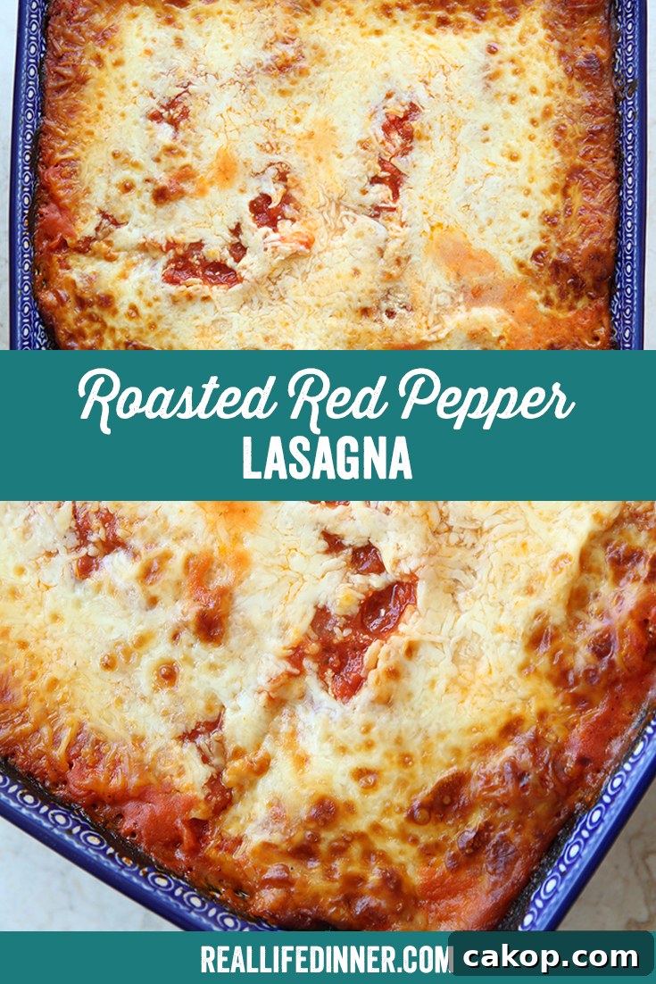 Two-photo Pinterest picture with the text "Roasted Red Pepper Lasagna" in the middle.