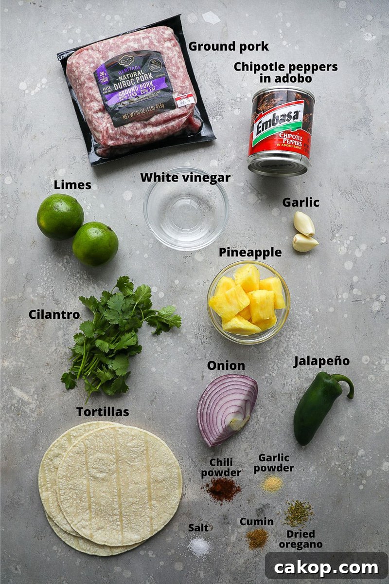 Ingredients used to make ground pork al pastor tacos with pineapple salsa