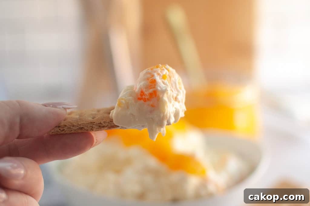 A hand holds a graham cracker topped with creamy Orange Fluff Salad Dip over a blurred bowl of the dip.