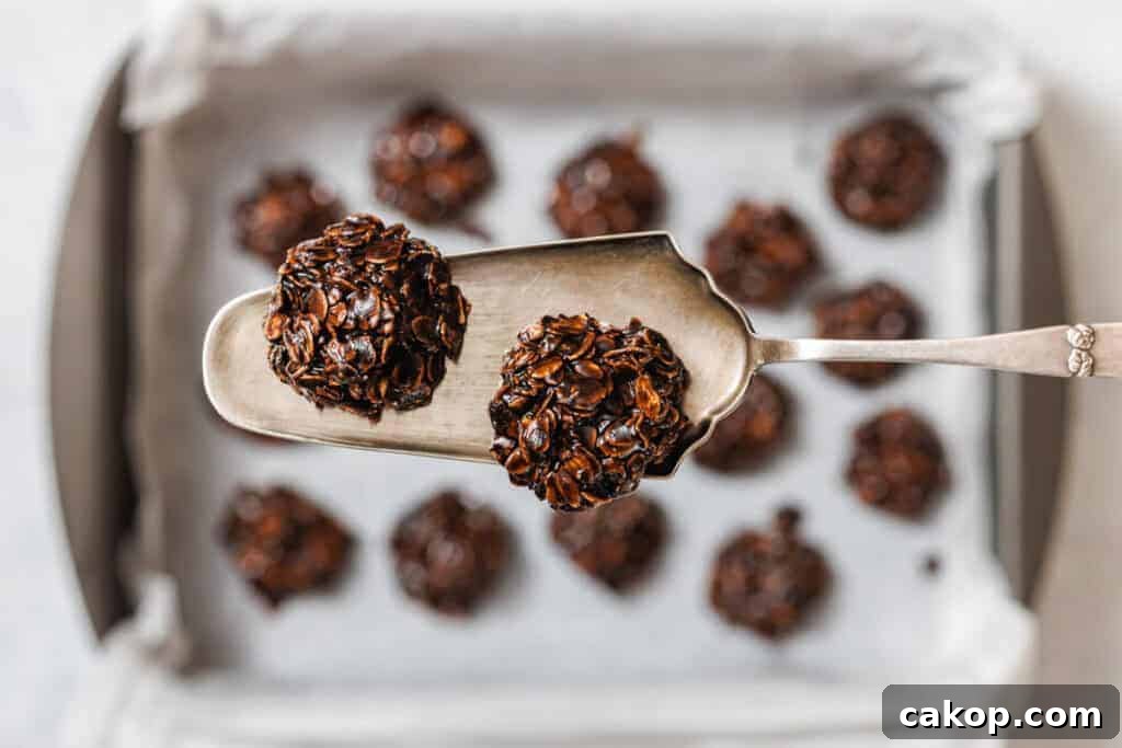 A metal spatula holds two chocolate Peanut Butter No-Bake Cookies above a baking tray lined with parchment paper and more cookies.