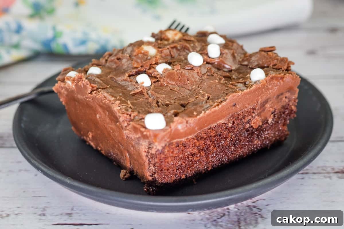 A slice of Grandma's Coca-Cola cake with chocolate frosting and small marshmallows on a black plate.
