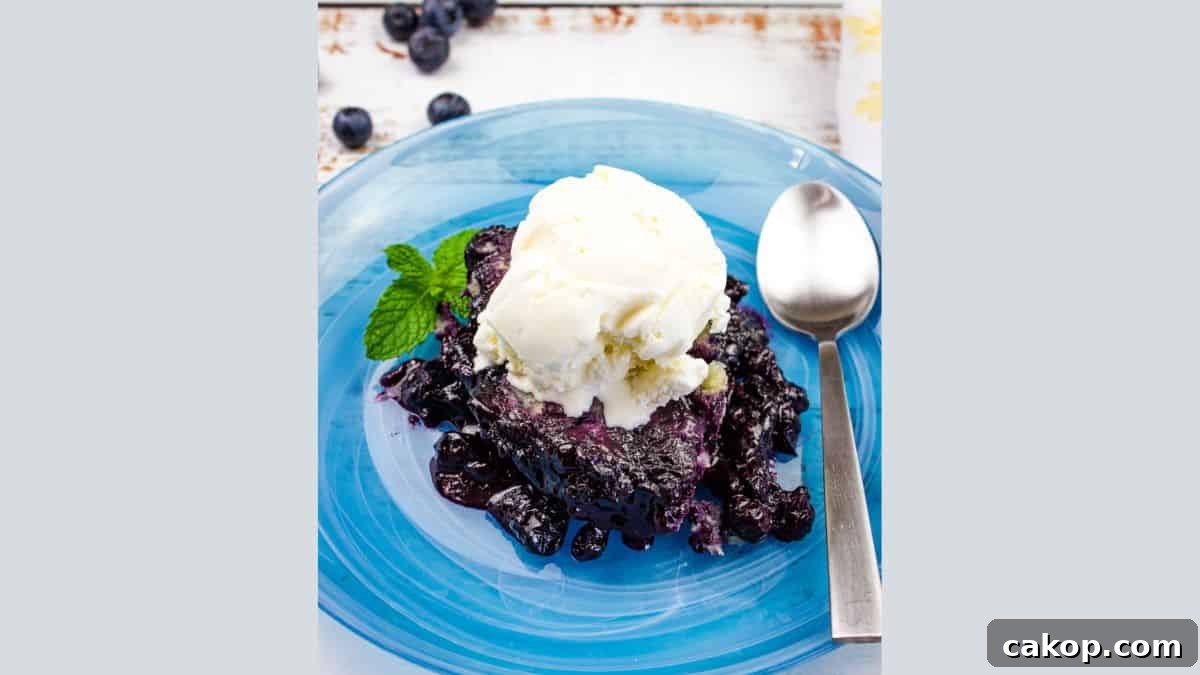 Blueberry Grunt on a blue plate with ice cream.