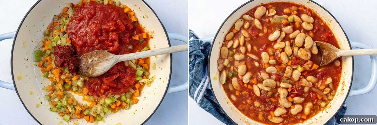 Greek Gigantes Plaki with Canned Giant Beans: Authentic Recipe 5 A collage of 2 images showing vegetables and herbs and tomato in a blue cast iron pan on a marble background and then all the ingredients including canned beans ready to be cooked in the pan on the stove, with a blue and white tea towel at the side.